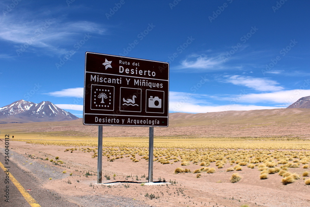 Road signpost in spanish on the Atacama Desert, Northern Chile (Meaning