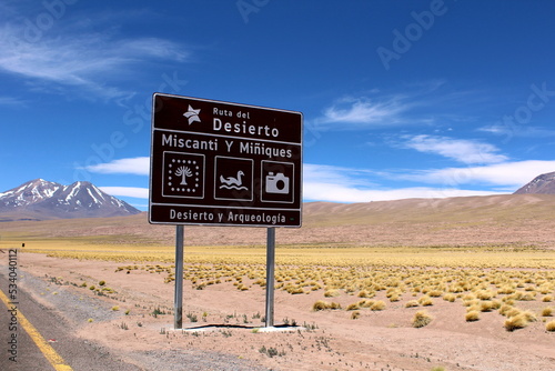 Road signpost in spanish on the Atacama Desert, Northern Chile (Meaning: Rute of Desert, Miscanti and Miniques, Desert and Archaeology). photo