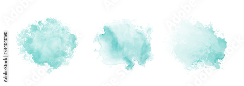 Set of abstract mint green watercolor water splash on a white background. Vector watercolour texture in mint color. Ink paint brush stain. Green splatter spot. Watercolor pastel splash