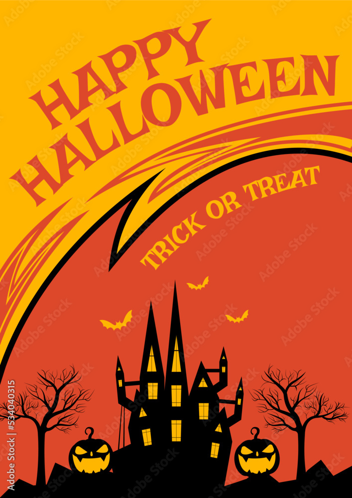 Happy Halloween party posters with haunted house bat tree pumpkins