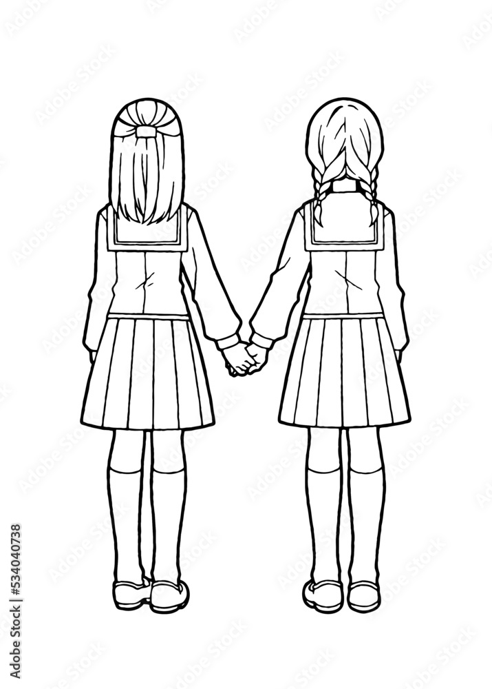 Two girls in sailor uniforms holding hands. (coloring book)	