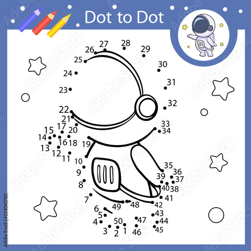 Dot to dot game connect drawing of a cosmonaut. Children space activity page and worksheet. Kids education riddle and coloring book. Vector illustration.