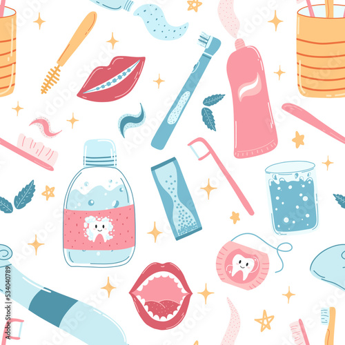 Seamless pattern with hand drawn dental care products in cartoon flat style. Vector illustration of mouth wash, toothbrush, toothpaste tube, floss, interdental brush for wrapping paper, fabric print