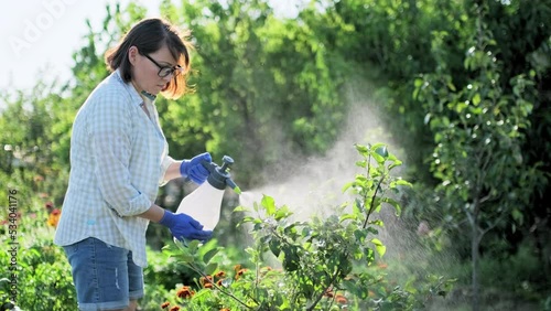 Woman in garden with spray gun spraying young trees with preparations for diseases and pests