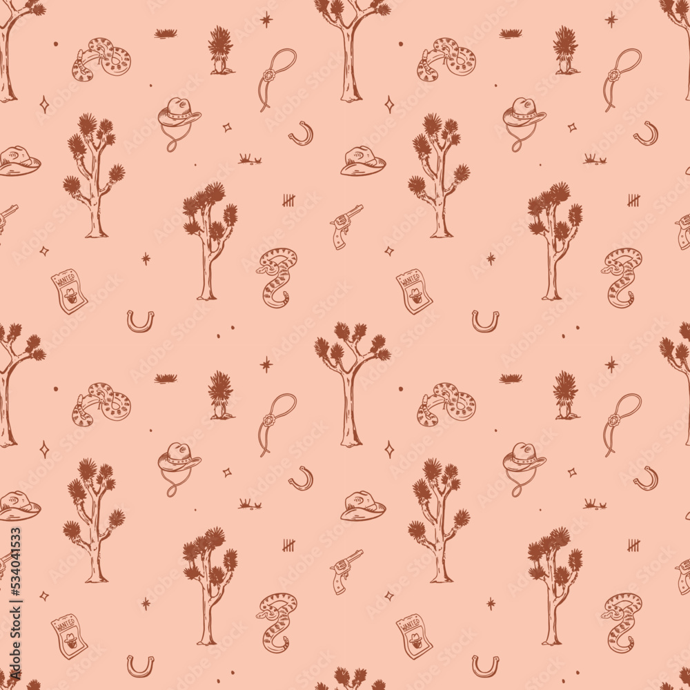 Cowboy Western Boho Cactus Warm Earthy Colors Vector Pattern Different assets, Snake, desert plants, revolver gun, horseshoe, rattlesnake,boho