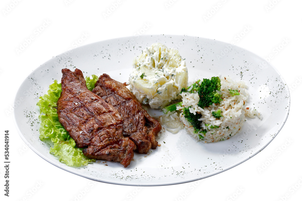 Beef steak with potatoes and rice in isolated white background Beef steak with potatoes and rice in isolated white background
