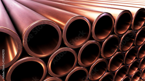 DOF camera realistic 3D illustration of the copper pipes stacked at warehouse