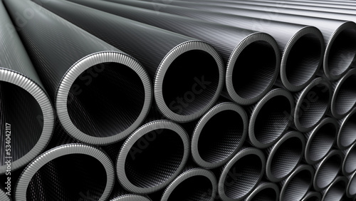 DOF camera 3D illustration of the carbon fiber composite pipes stacked at warehouse