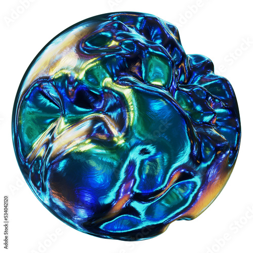 Realistic 3D illustration of the morphing and waving textured blue iridescent alien alloy sphere isolated on white