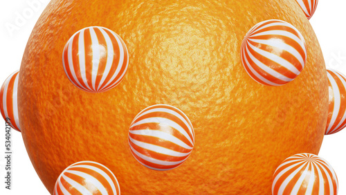 Realistic 3D illustration of the orange peel sphere with orbital rolling small colorful orange flavor candies against white
