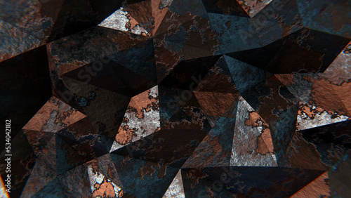 Realistic abstract 3D illustration of the aged and weathered corroded rusty steel polygonal surface rendered as background