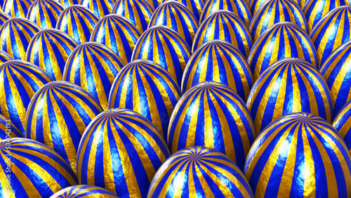 Realistic DOF camera 3D illustration of the fancy textured golden foil blue stripes Easter eggs
