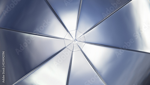 Realistic 3D illustration of the glossy silver metallic fabric umbrella or parasol rendered as background
