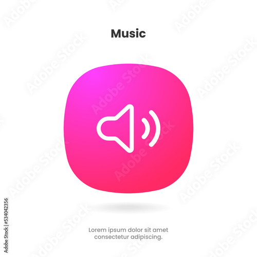 Speaker and sound icon. Computer voice icon. Megaphone and music icon. Sound pictogram. Musical note. Audio sign. UI UX element. Sound button. Audio system, noise with soft UI, push button.