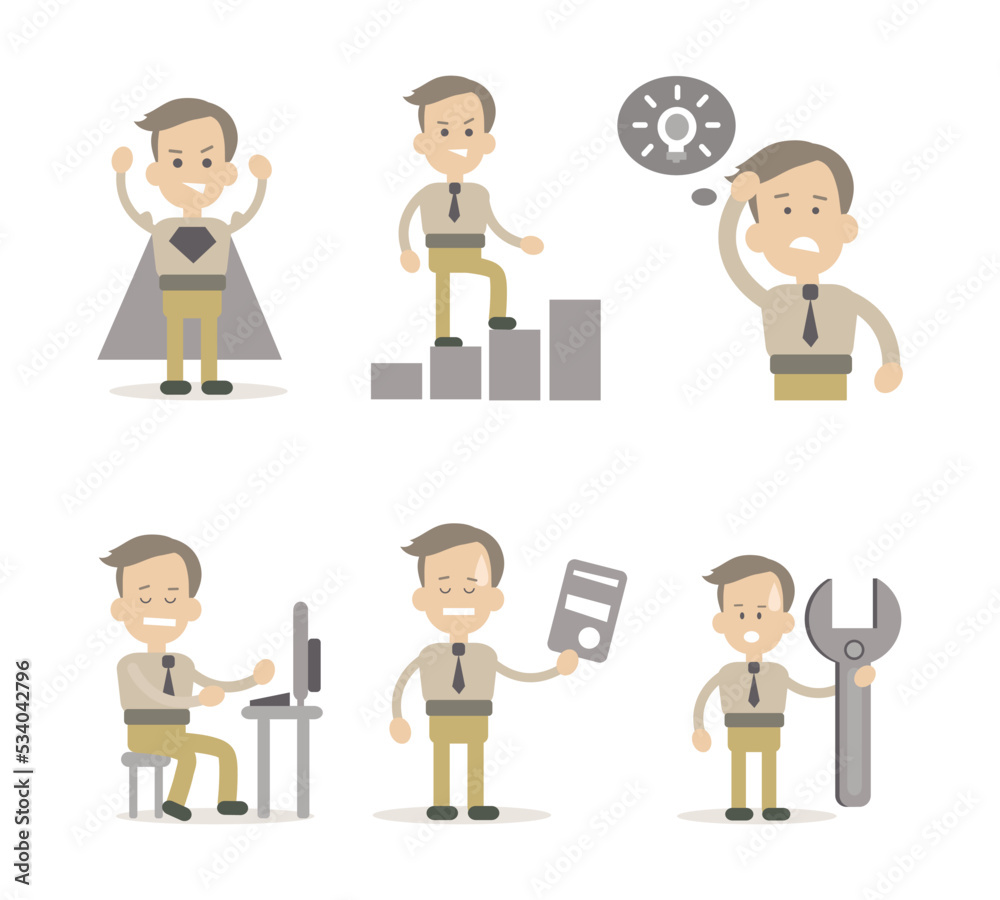 Set of cheerful businessman characters in different situations. Smiling businessman in different situations cartoon vector illustration