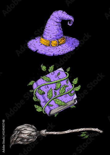 Happy Halloween. Witch hat, book of spells and magic broom. Hand drawn vector illustration. Design element. Vintage design for the holiday Halloween.