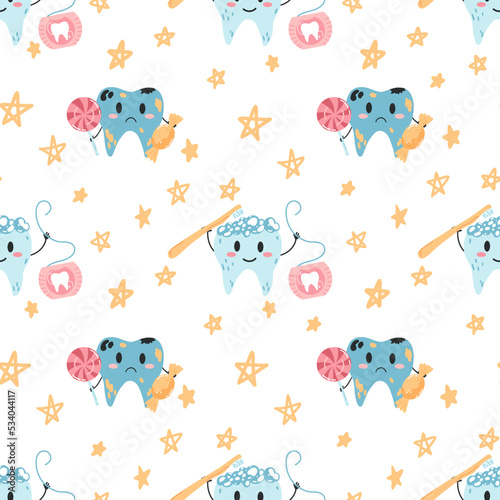 Seamless pattern with hand drawn kawaii teeth characters in cartoon flat style. Vector illustration of cartoon children background for wrapping paper, fabric print, cover, card and web design