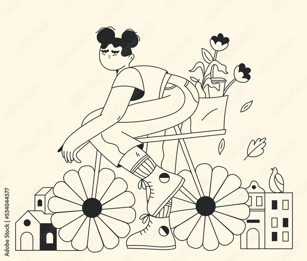 Obraz premium Biker riding around the world. Active cartoon person, concept of healthy lifestyle, sports and outdoor recreation.