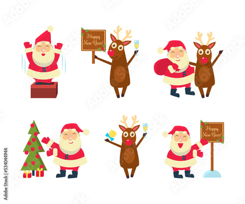 Collection of Christmas Santa Claus. Funny New Year character in different situations cartoon vector illustration
