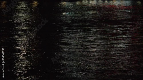Surface of a river at night reflecting the city lights