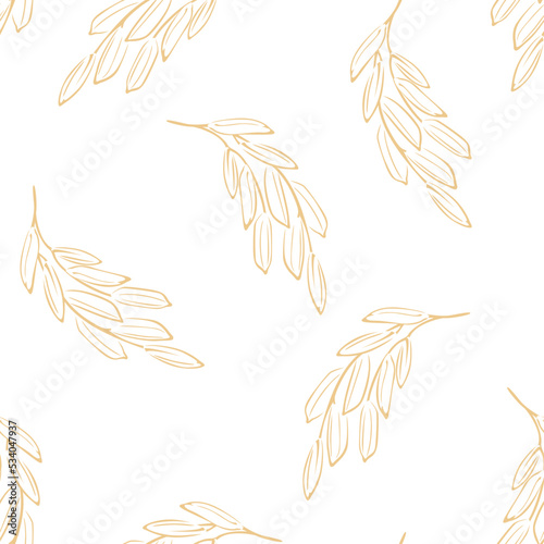 Botanical background with ears of paddy rice on white. Vector seamless pattern with agricultural plant outline.