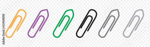Colored paper clip icons set on transparent background. Paperclips in flat style. Office Paper Clip sign. Vector