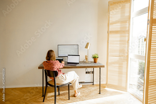 Woman works on computers while sitting by a cozy workplace in sunny living room at home. View from the backside. Concept of remote work from home office. Mockup image © rh2010