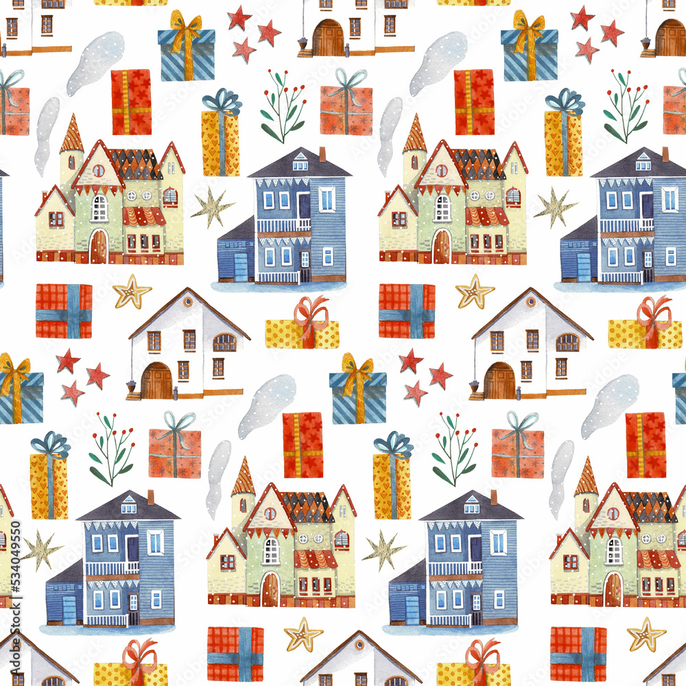Christmas watercolor pattern with houses on a dark background. Illustration