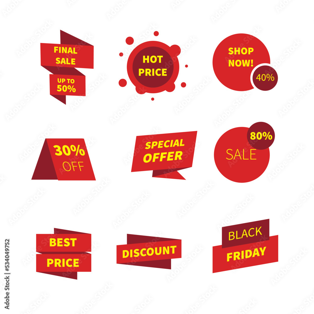 Sale red icons set discount banner isolated on white background. Sale red icons set discount banner isolated on white background.