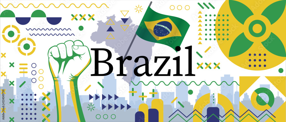 Brazil flag and map poster. National day or Brazil independence day design. Brazilian celebration. Modern retro design with abstract icons - Independência do Brasil