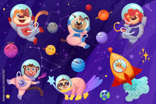Cute animals astronauts in spacesuit flying in open space. Cartoon happy dog, monkey, lion and sloth cosmonauts in cosmos galaxy with planets, stars and constellations. Flat giraffe flying in rocket.