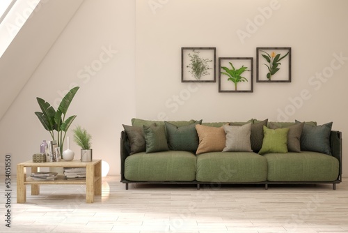 White living room with sofa. Scandinavian interior design. 3D illustration