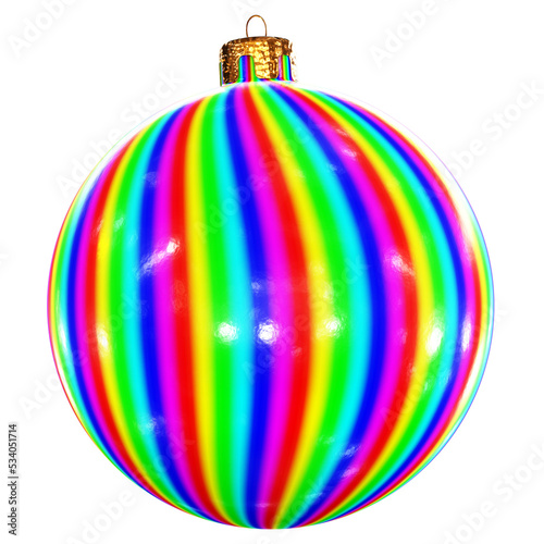 Realistic 3D illustration of the single stylish colorful rainbow striped Christmas bauble isolated on white