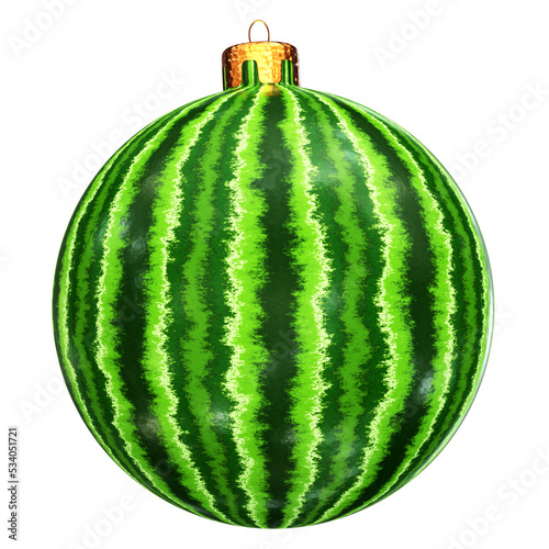 Realistic 3D illustration of the stylish watermelon Christmas bauble isolated on white