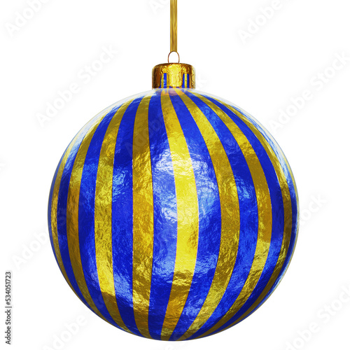 Realistic 3D illustration of the hanging textured golden striped blue Christmas bauble against white