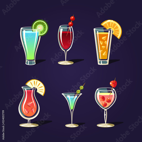 Set of cocktails. Mixed alcoholic and nonalcoholic drinks with fruits vector illustration