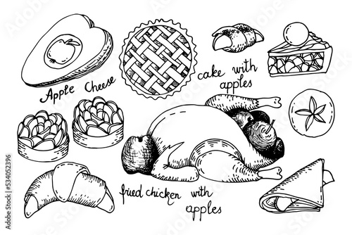 Food set. Fried chicken with apples, cake, buns, apple cheese and cookies. Hand drawn line art vintage style vector illustration