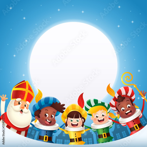 Sinterklaas - Saint Nicholas and friends celebrate holiday in front of moon - winter night background