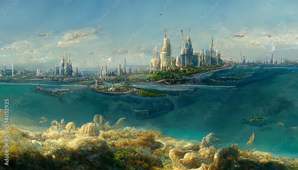 Atlantis. A fantastic city with a beautiful landscape. Illustration for cartoons.
