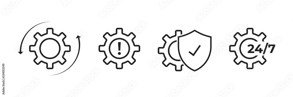 Gear setting icon set. Gear mechanism with arrow , chekmark and 24/7 servis.Collection of simple linear web icons .Sync process. Gear setting icon set. Gear mechanism with arrow , chekmark and 24/7 servis.Collection of simple linear web icons .Sync process.