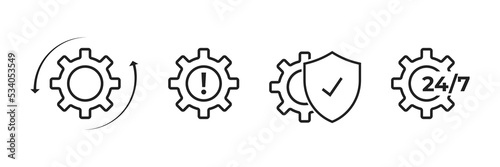 Gear setting icon set. Gear mechanism with arrow , chekmark  and 24/7 servis.Collection of simple linear web icons .Sync process.