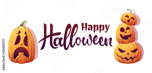Happy Halloween lettering with pumpkins. Handwritten lettering. Vector illustration for banner, poster, postcard, card.