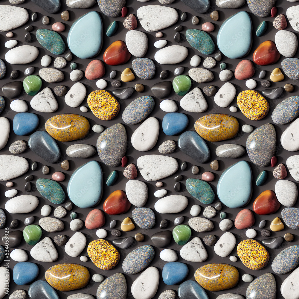 3 D render. Small colorful pebbles background, polished stones seamless pattern, sea stones, pastel colors, different shapes 3 D render. Small colorful pebbles background, polished stones seamless pattern, sea stones, pastel colors, different shapes