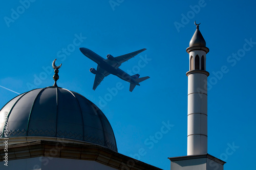 Europe, UK, England, London, Hounslow mosque, airliner overhead photo