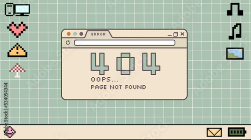 Retro laptop desktop with pixel icons and browser window with 404 error.  In trendy y2k retro style. Vector illustration.