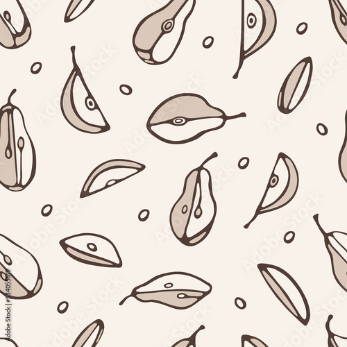 Fruit Seamless pattern with halves of pears Outline doodles Vector illustration for print, kitchen textile, design wrapping paper