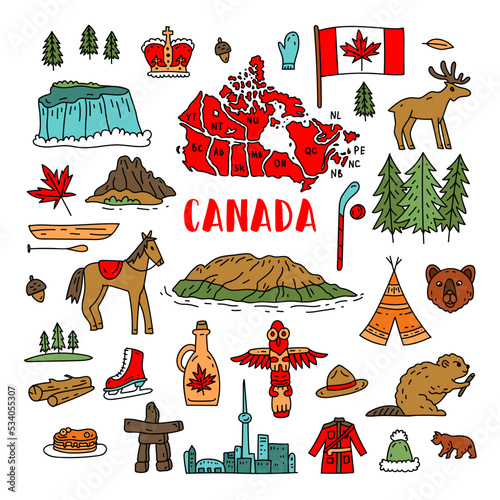Canada vector travel symbols set. Collection of national canadian icons. Set of design elements in a flat style. Tourism. Vector concept for greeting cards, banners and posters.