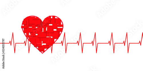 illustrazione di cuore con rettangoli rossi e grafico di frequenza cardiaca su sfondo trasparente photo