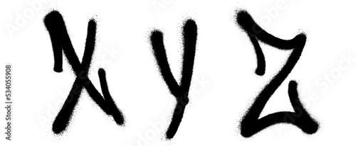 Graffiti spray font alphabet with a spray in black over white. Vector illustration. Part 7