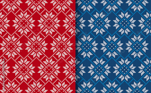 Blue and red knitted sweater textures. Christmas seamless pattern. Xmas geometric knit background. Holiday fair isle traditional ornament print. Festive pullover. Wool illustration. Vector.